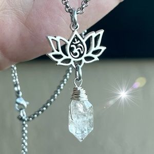 Genuine Herkimer diamond crystal quartz lotus flower om sign boho yoga necklace